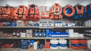 A photo of a shelf in a marine store filled with various products.